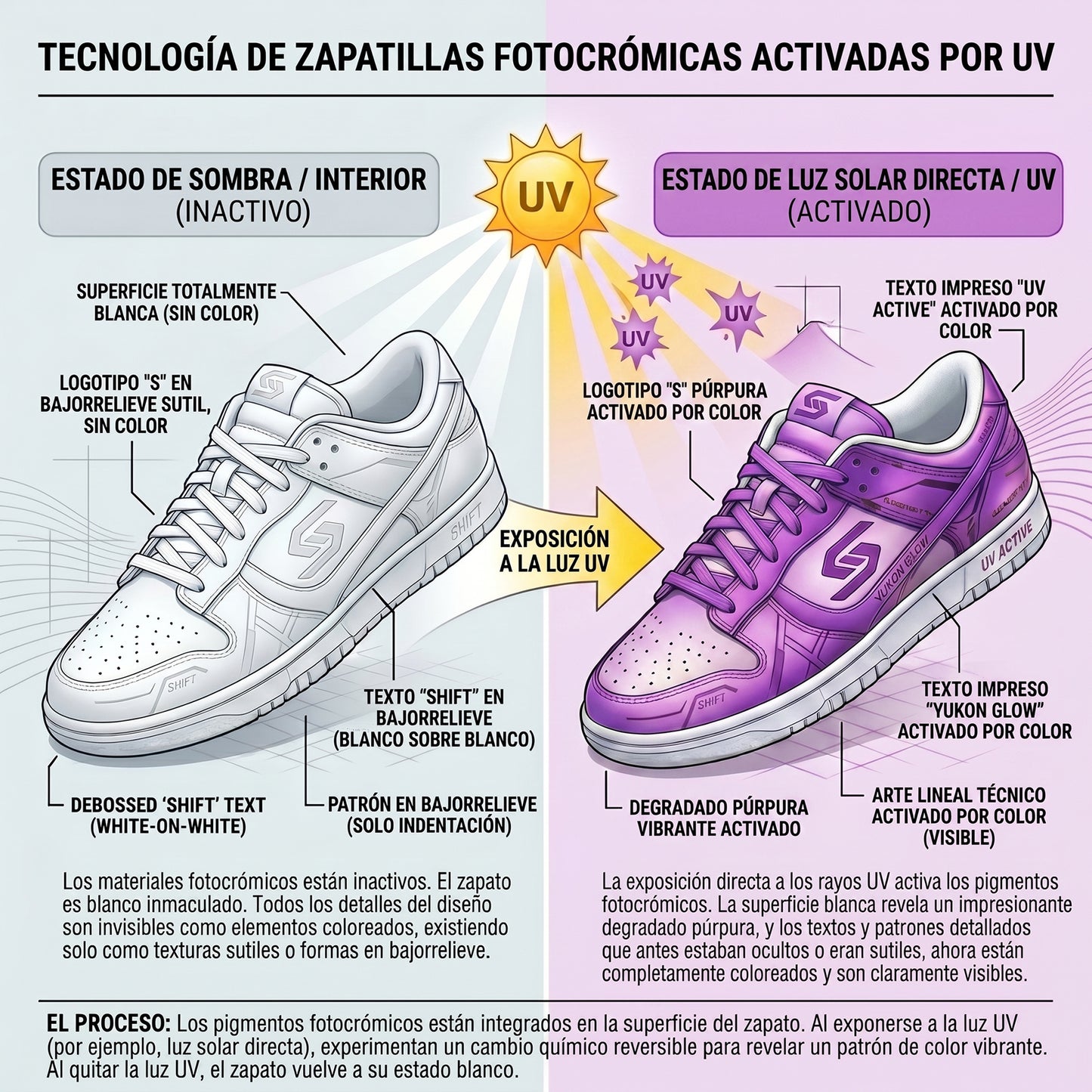 Pintura para zapatillas que cambia de color con el sol a violeta
