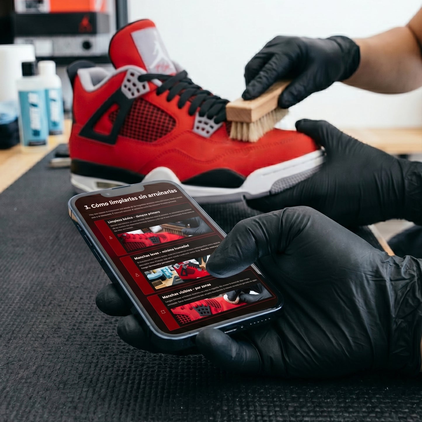 Guía digital para limpiar Jordan 4 Toro Bravo sin dañar el nobuck rojo