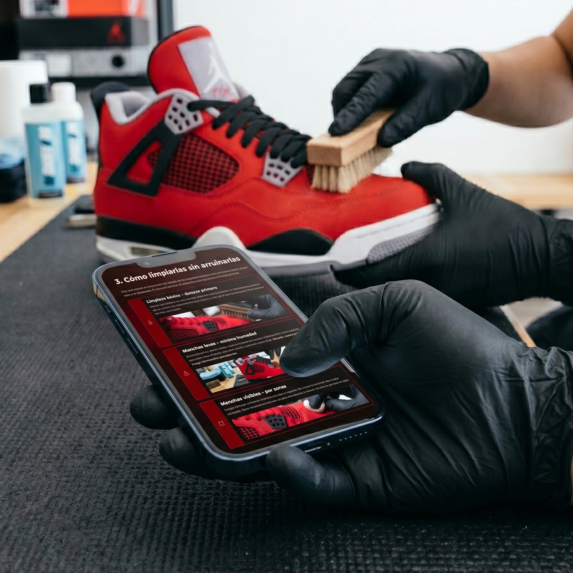 Guía digital para limpiar Jordan 4 Toro Bravo sin dañar el nobuck rojo