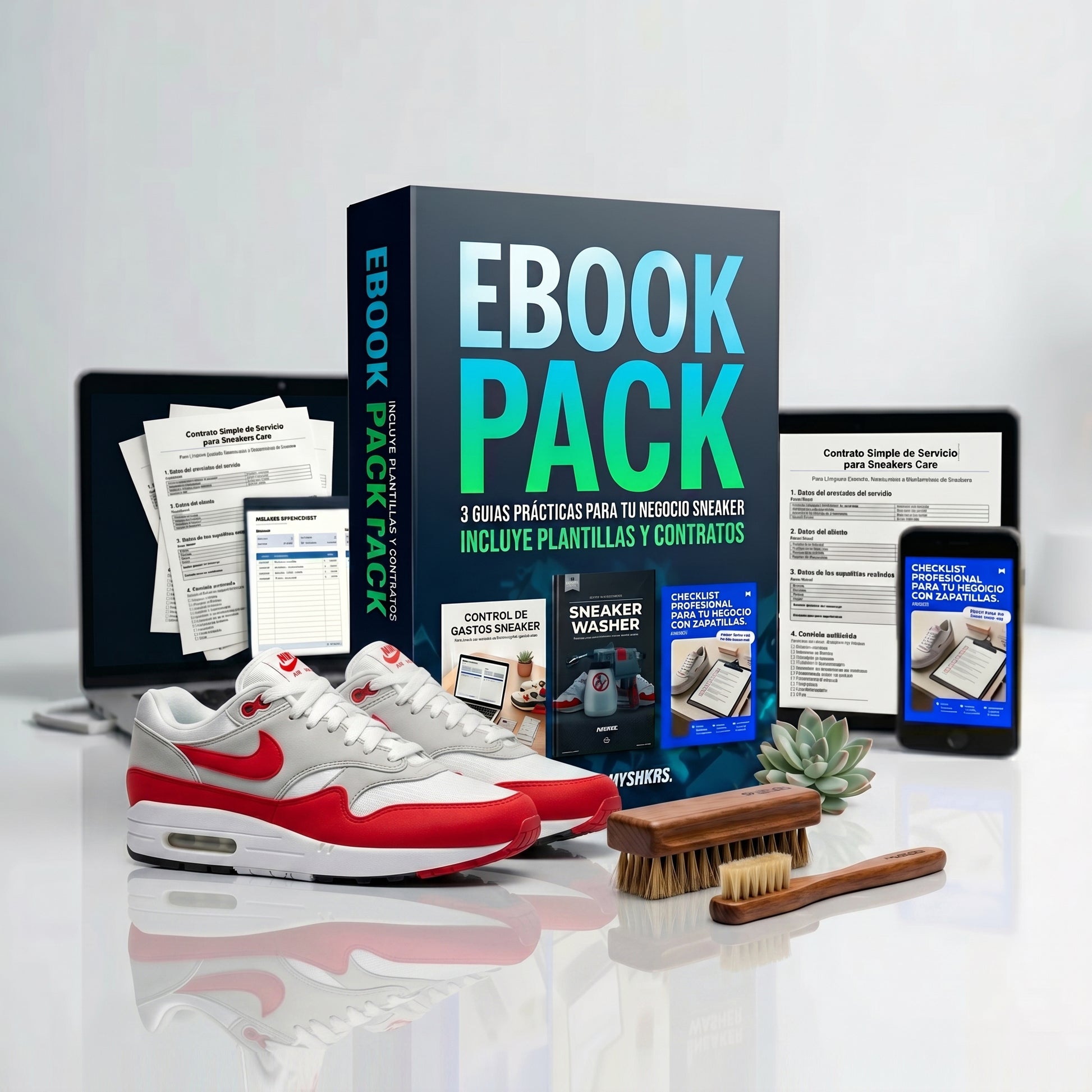 Pack digital para emprendedores de limpieza de zapatillas con guías, plantillas, contrato y checklist profesional.